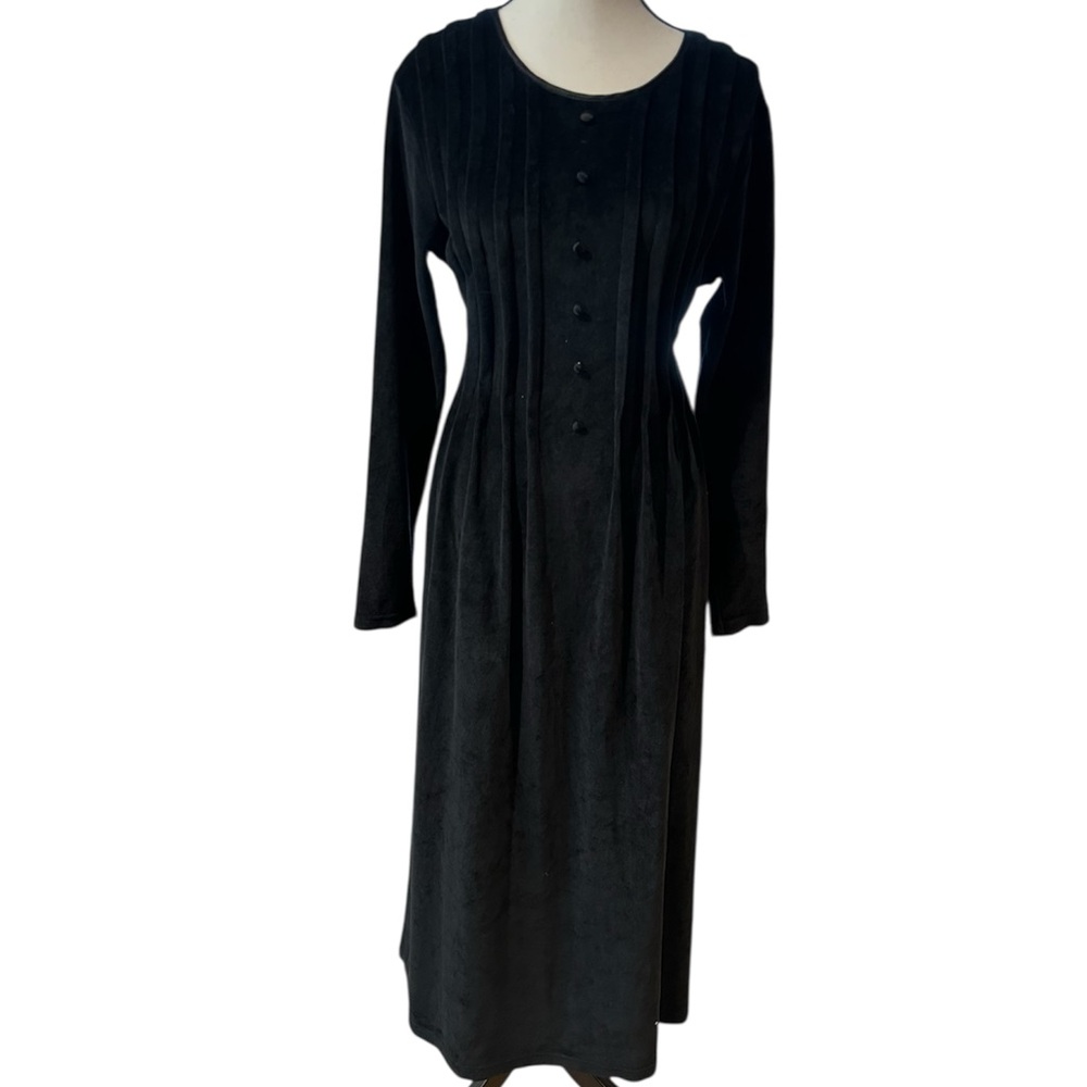 Vintage FADS Dress Med 38w Black Cotton Velvet Pleated Long Sleeve